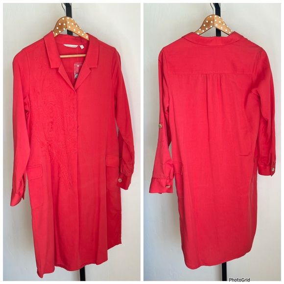 Soft Surroundings Weekender Embroidered Button-Up Long Sleeve Dress Red / Coral - Picture 4 of 6